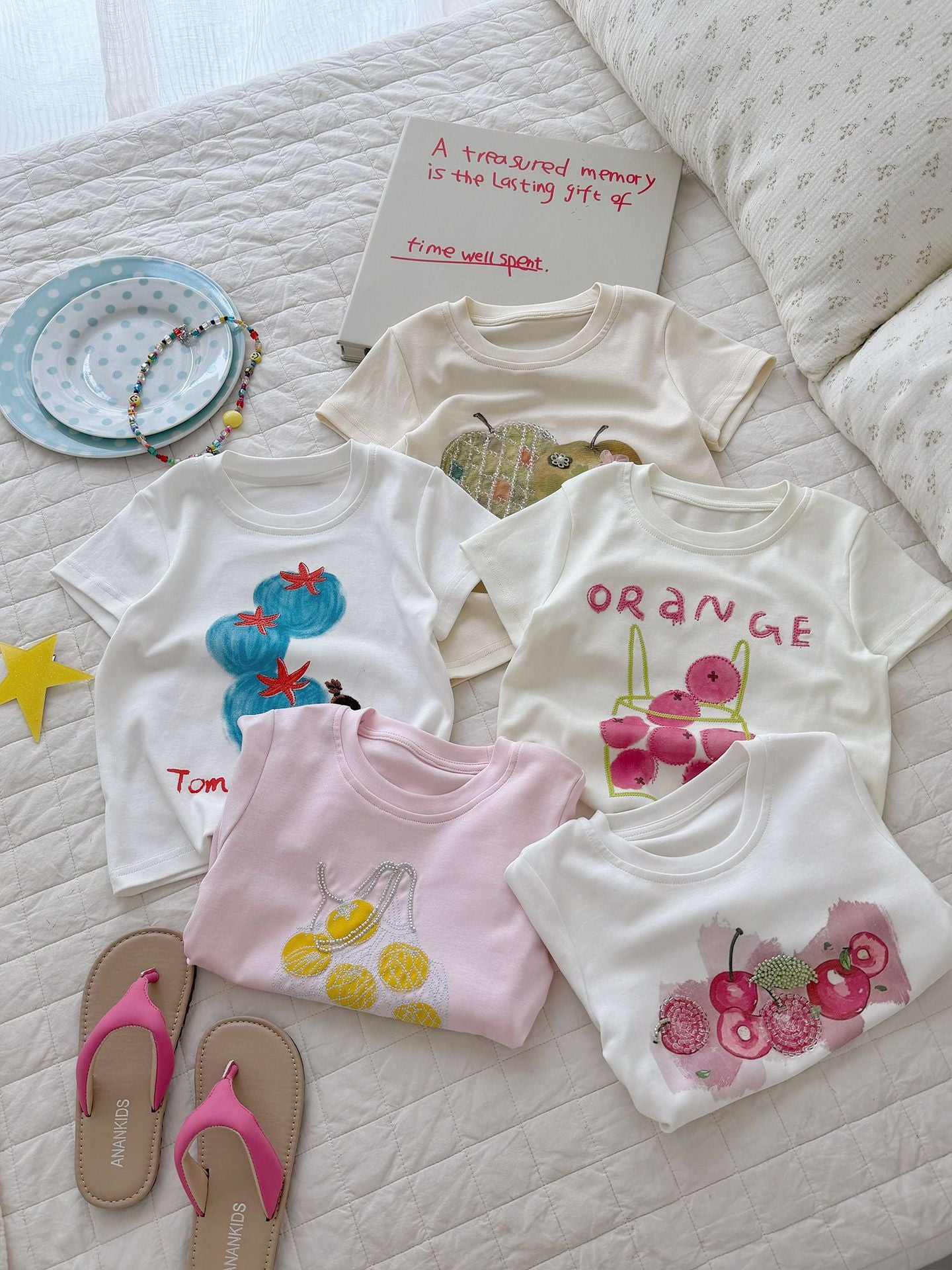 Children's Tide Cotton Short-sleeved Summer Fruit Spray Printing Pearl Embroidery Tops Children's T-shirt
