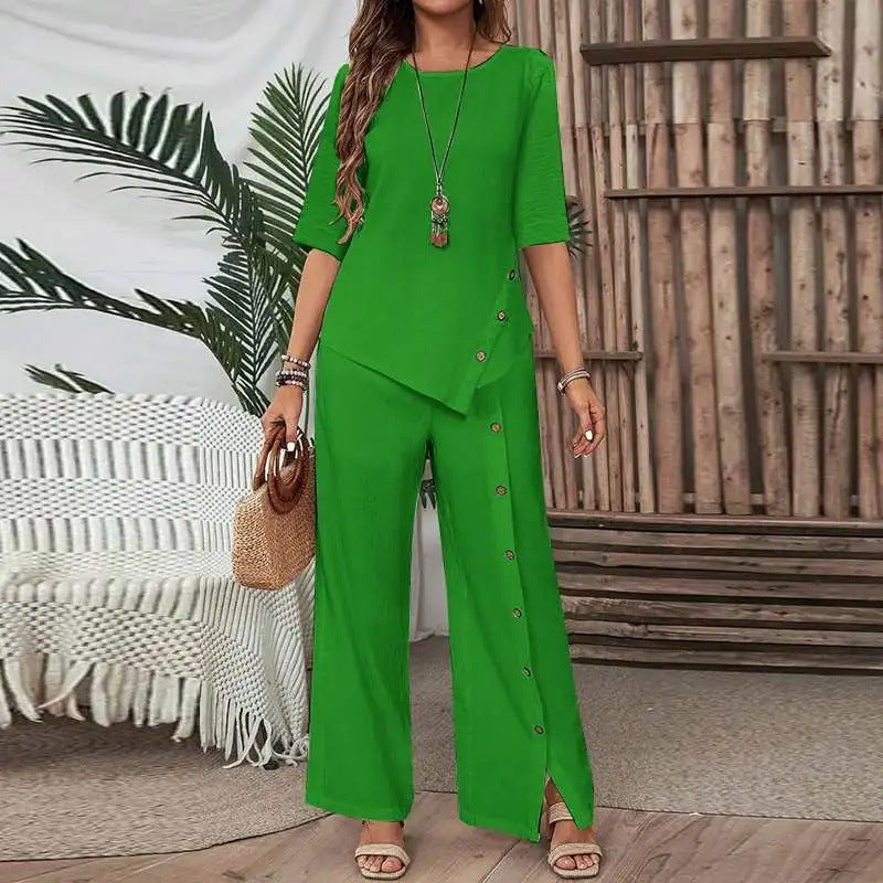 Women's Irregular Hem Trousers Button Half Sleeve Suits