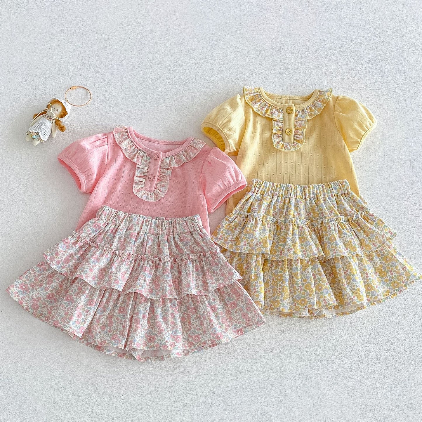 Collar Summer Korean Style Puff Sleeve Top Cute Floral Skirt Children's T-shirt