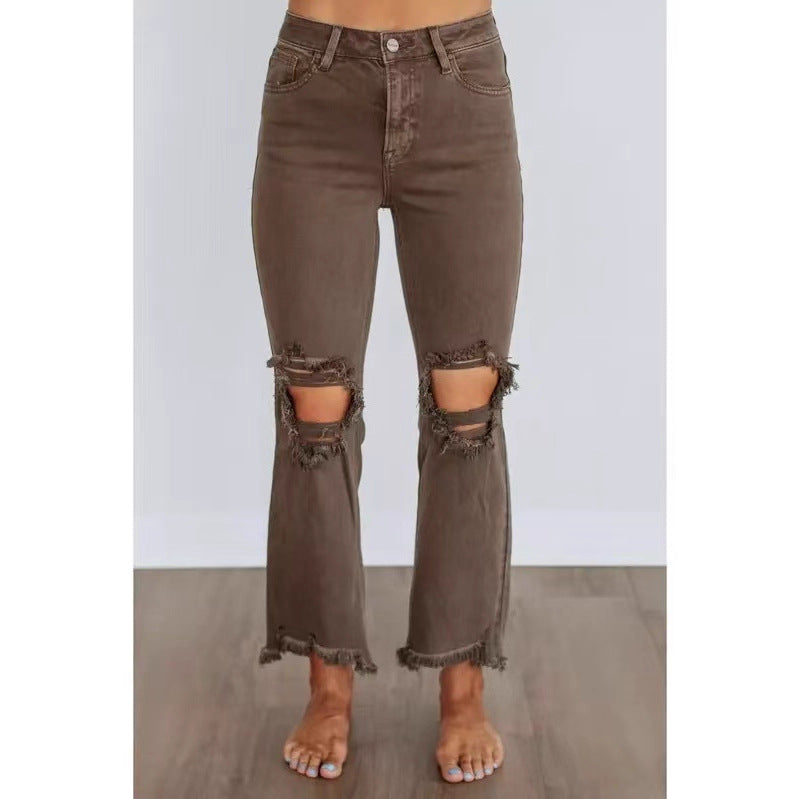 Women's Retro High Waist Skinny Knee Ripped Frayed Washed Street Women's Jeans