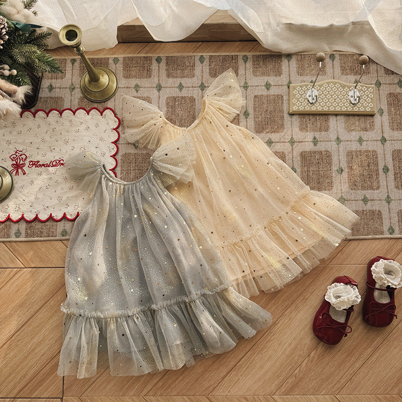 Children's Sweet Birthday Star Mesh Korean Princess Flounced Sleeve Bubble Children's Dress