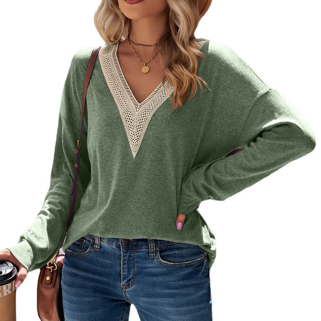 Long Sleeve Lace Solid Color Loose-fitting Sanding Women's T-shirt