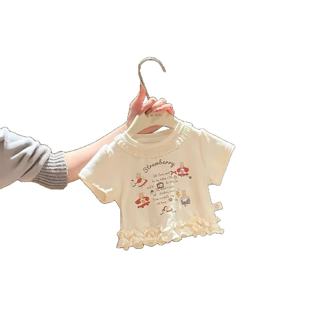 Children's Wooden Ear Clothing Sweet Cute Cartoon Short Children's T-shirt