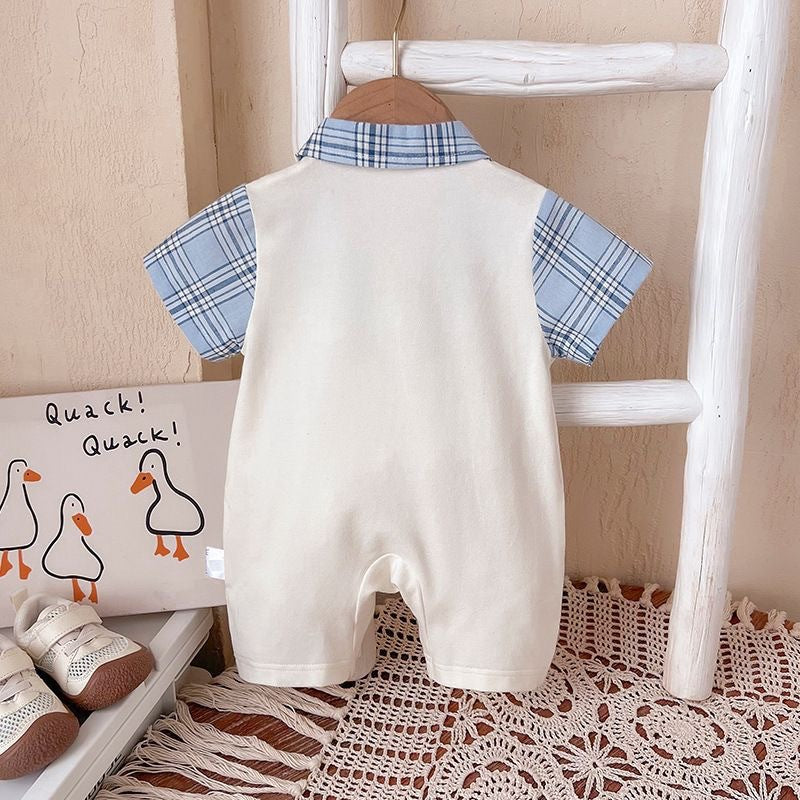 College Style Fake Two-piece Bow Tie Romper Cardigan Outwear Jumpsuit, Climbing Suit