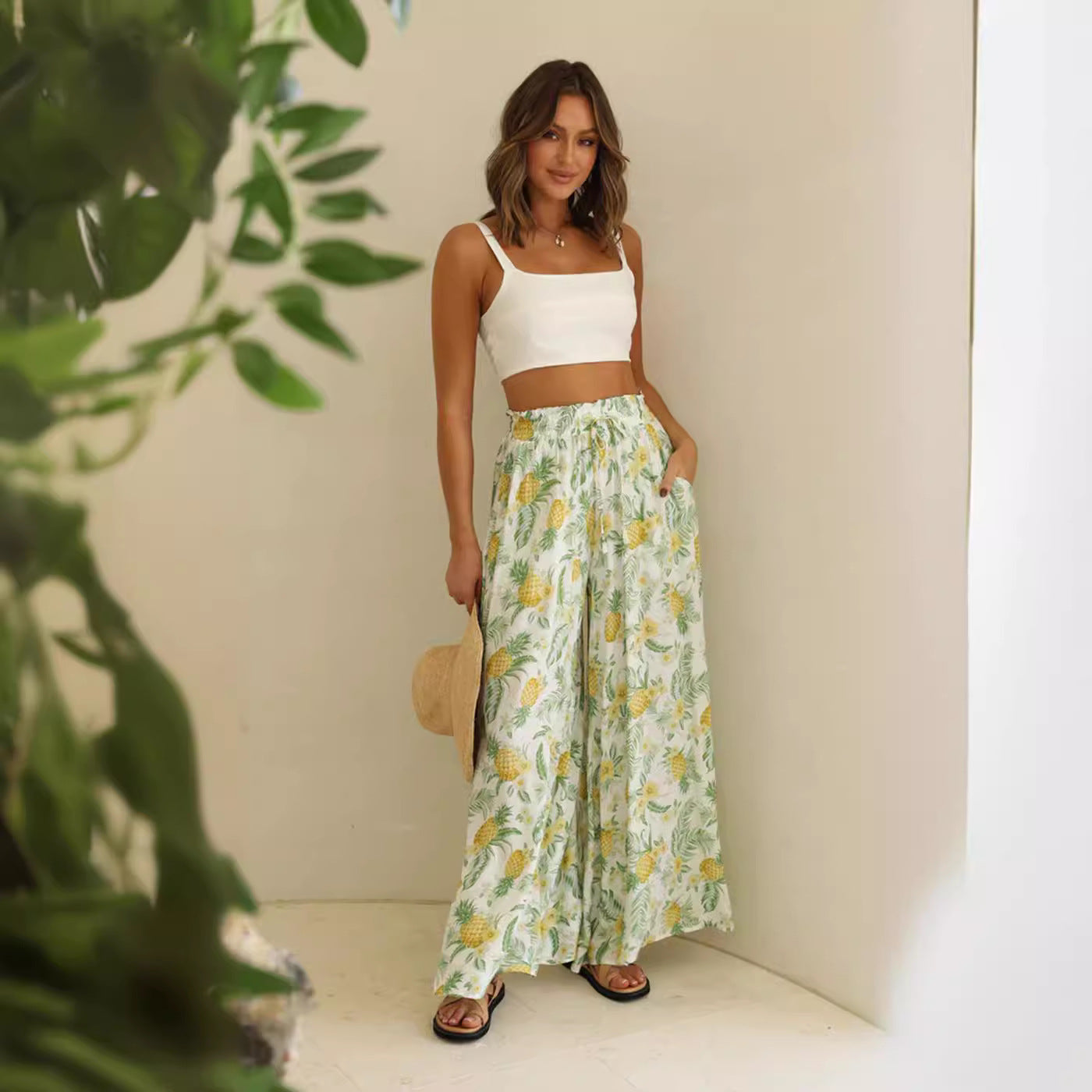 Women's Summer Printed Trousers Elastic Waistband Wide Leg High Casual Pants