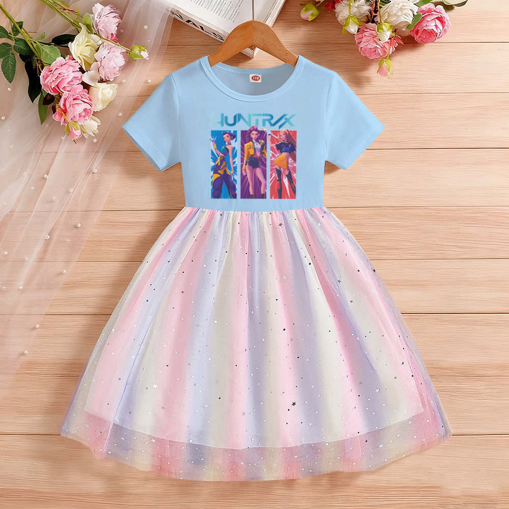 Children's Short Sleeve Clothing Gauze Rainbow Princess Skirt Children's Dress