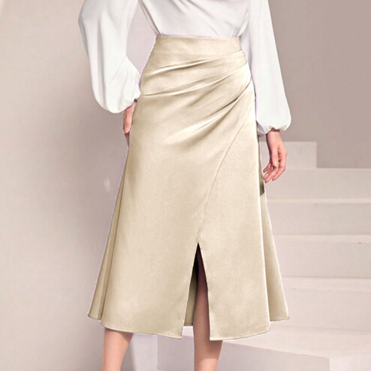 Women's Satin Heap Pleated Split Dress Solid Skirts