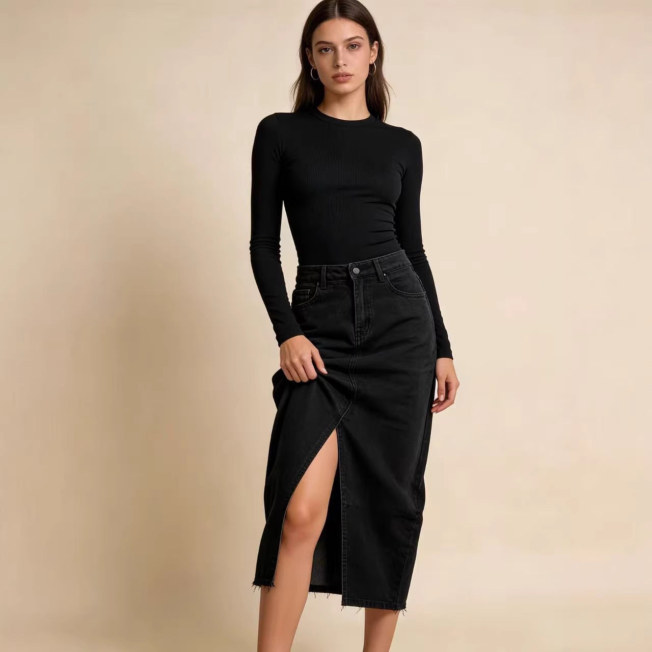Women's Denim Split Sheath A- Line Slimming Skirt