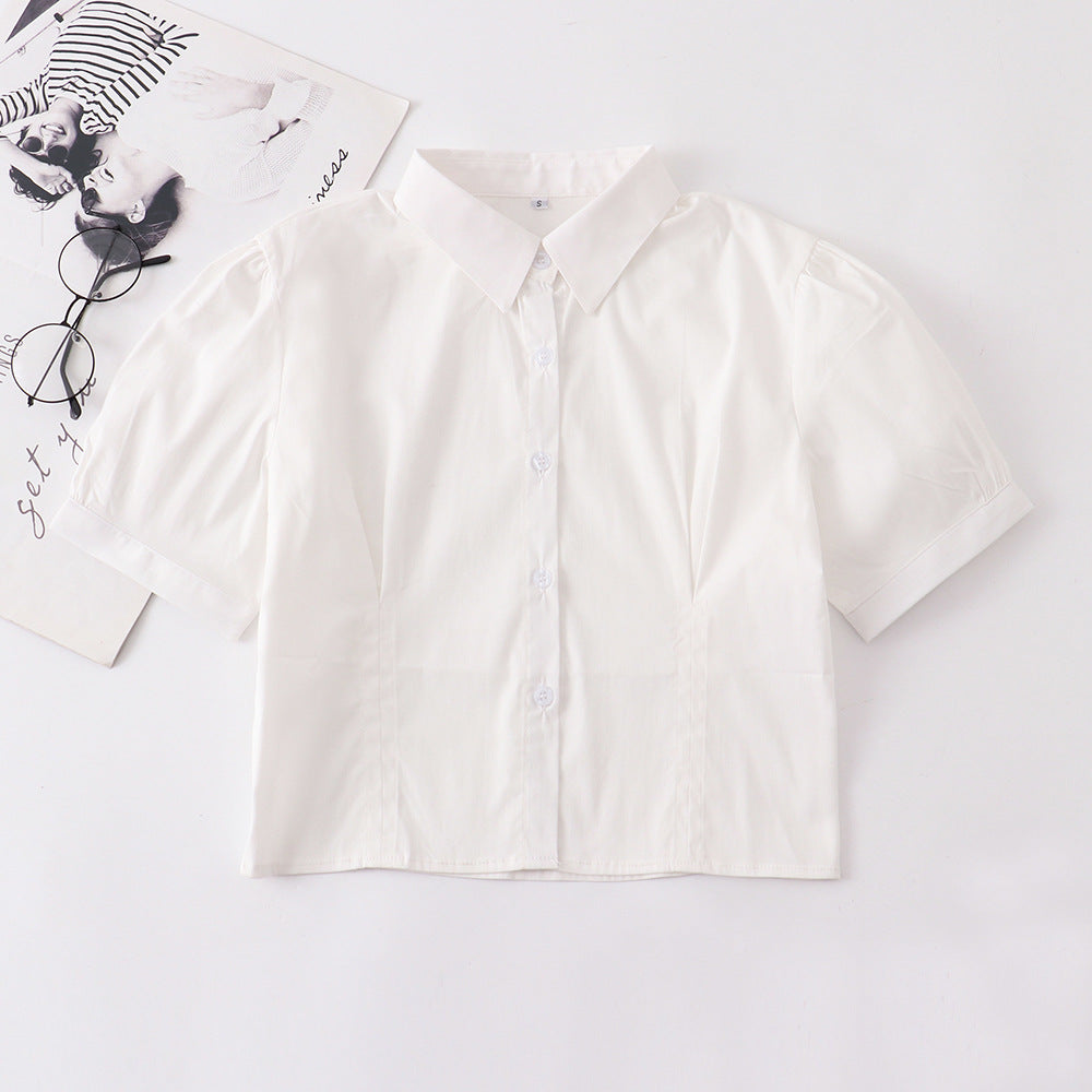 Women's Korean Elastic Puff Sleeve Pink Waist Trimming Shirt Hip Blouse