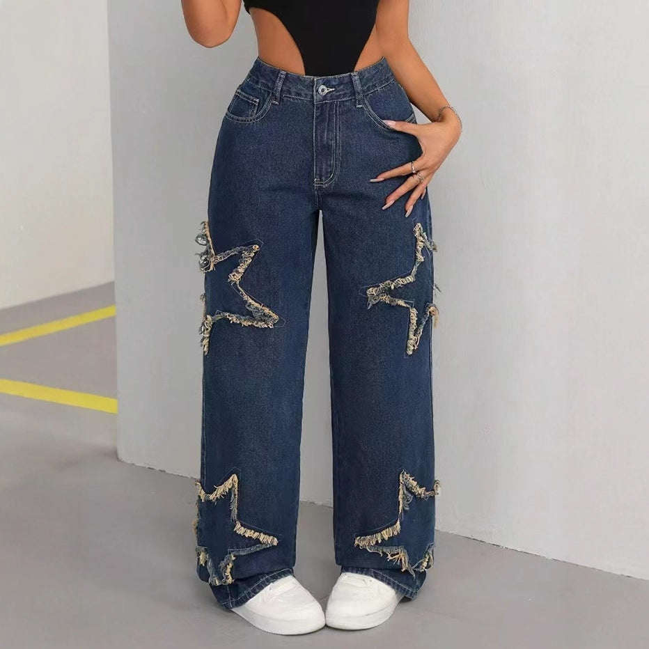 Women's Patch Pentagram Tassel Loose Burrs Straight Women's Jeans