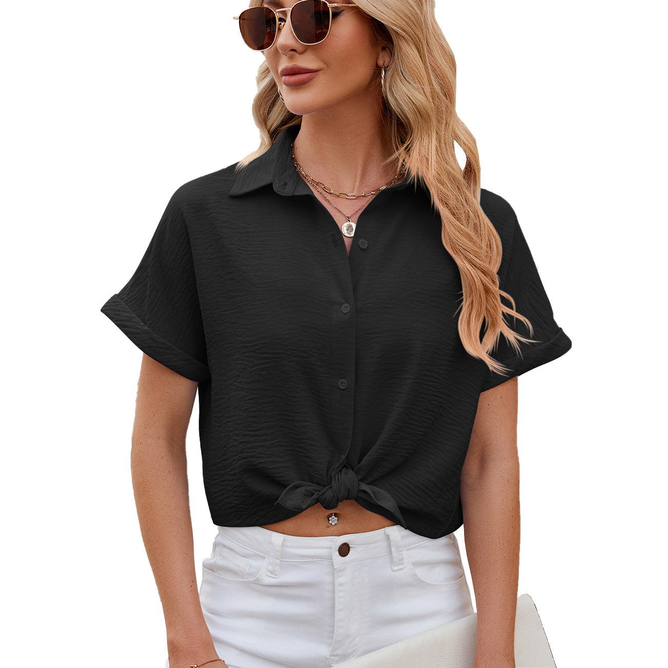 Solid Color Polo Collar Short-sleeved Button Lace Shirt, Chiffon Shirt