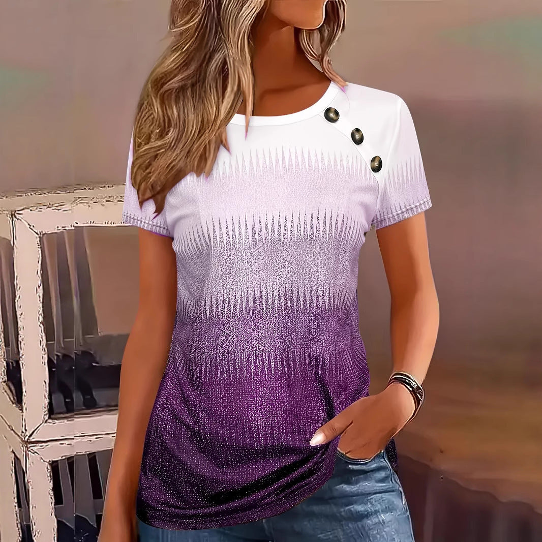 Women's Summer Striped Contrast Color Button Round Neck Shorts