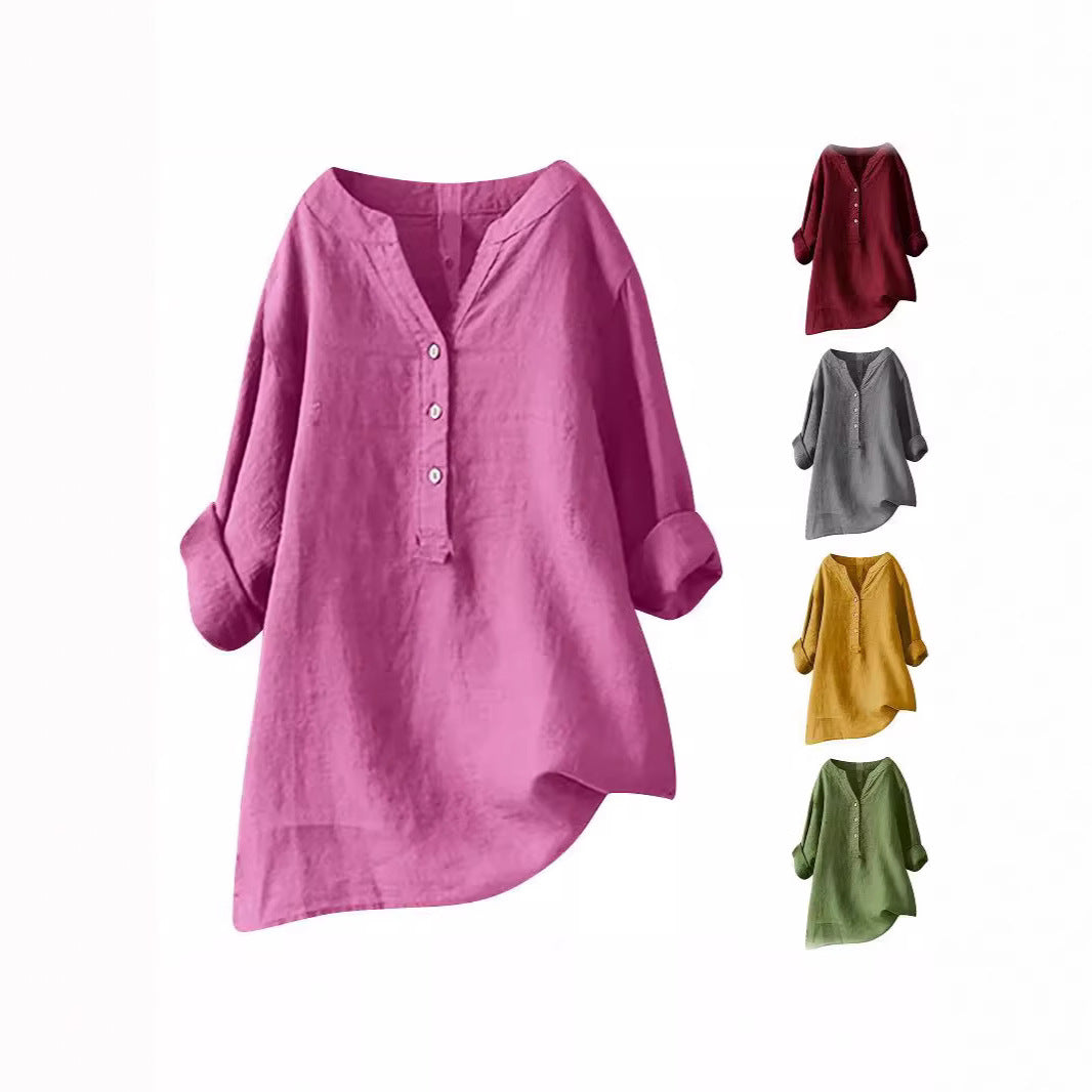 Women's Loose Solid Color Shirt Cotton Linen Pocket Long Blouse