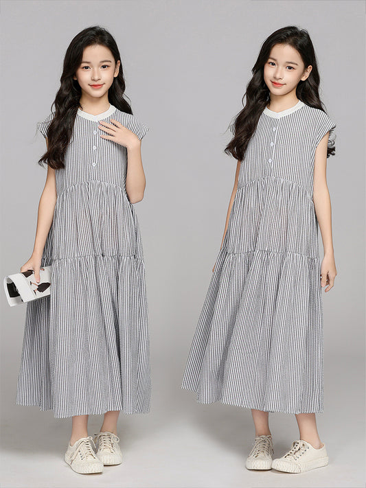 Small Teen Striped Summer Sleeveless Stand Collar Children's Dress