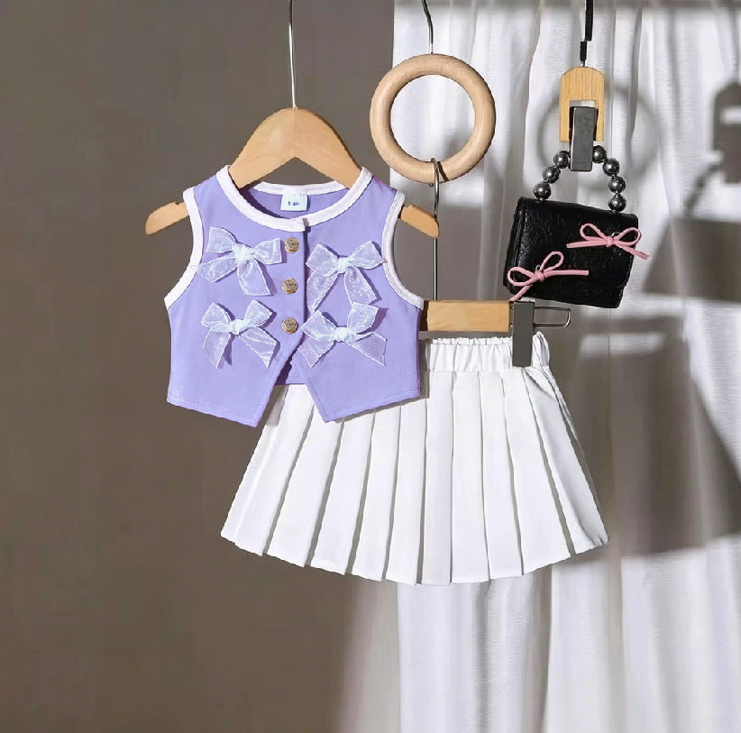 Comfortable Fashion Bow Vest Pleated Skirt Children's Suit