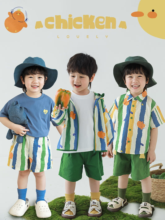 Summer Striped Lapel Shirt Lightweight Shorts Hooded Jacket Children's Suit