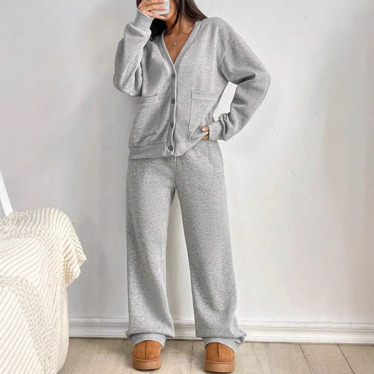 Women's Simple Pocket Sweatshirt Button Solid Color Fashion Casual Suit