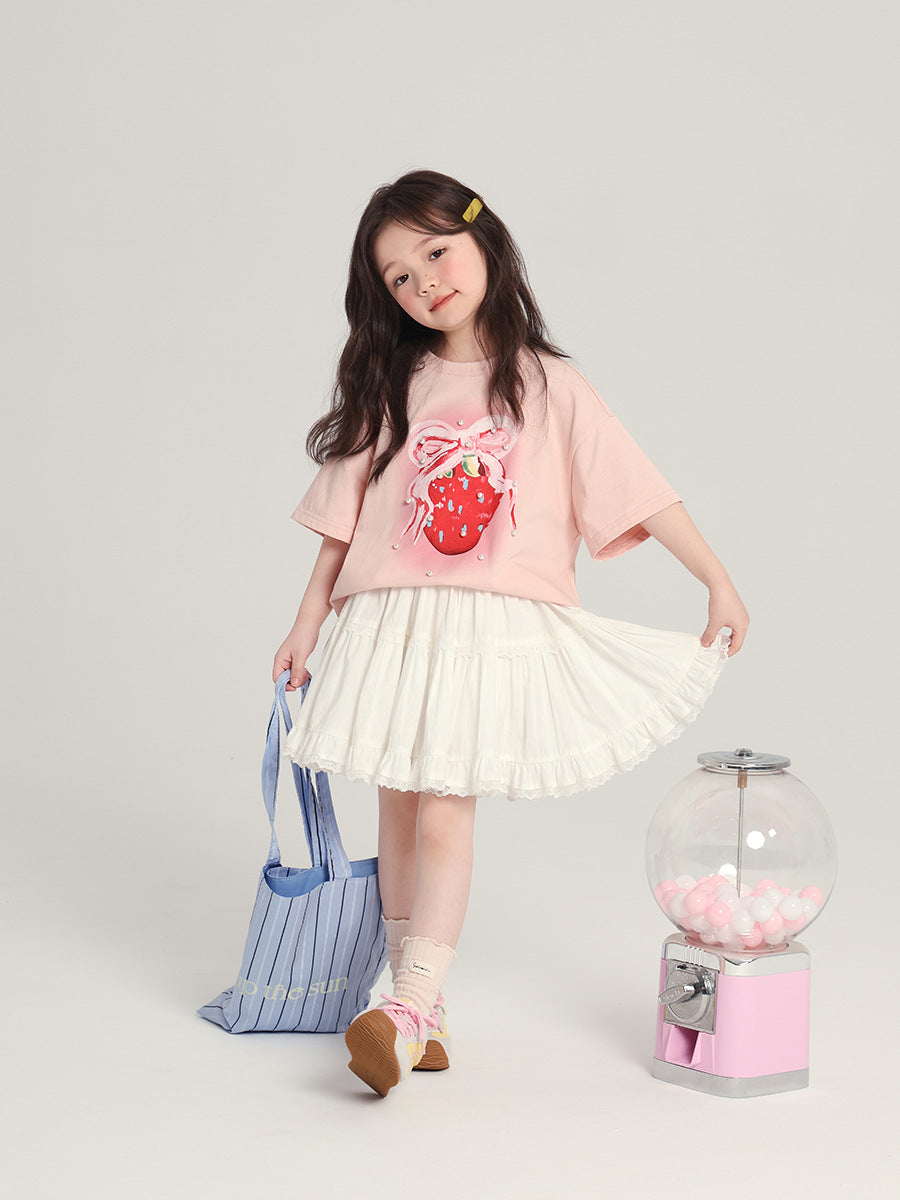 Sweetheart Strawberry Short-sleeved Sweet Pearl Decorative Pullover Children's T-shirt