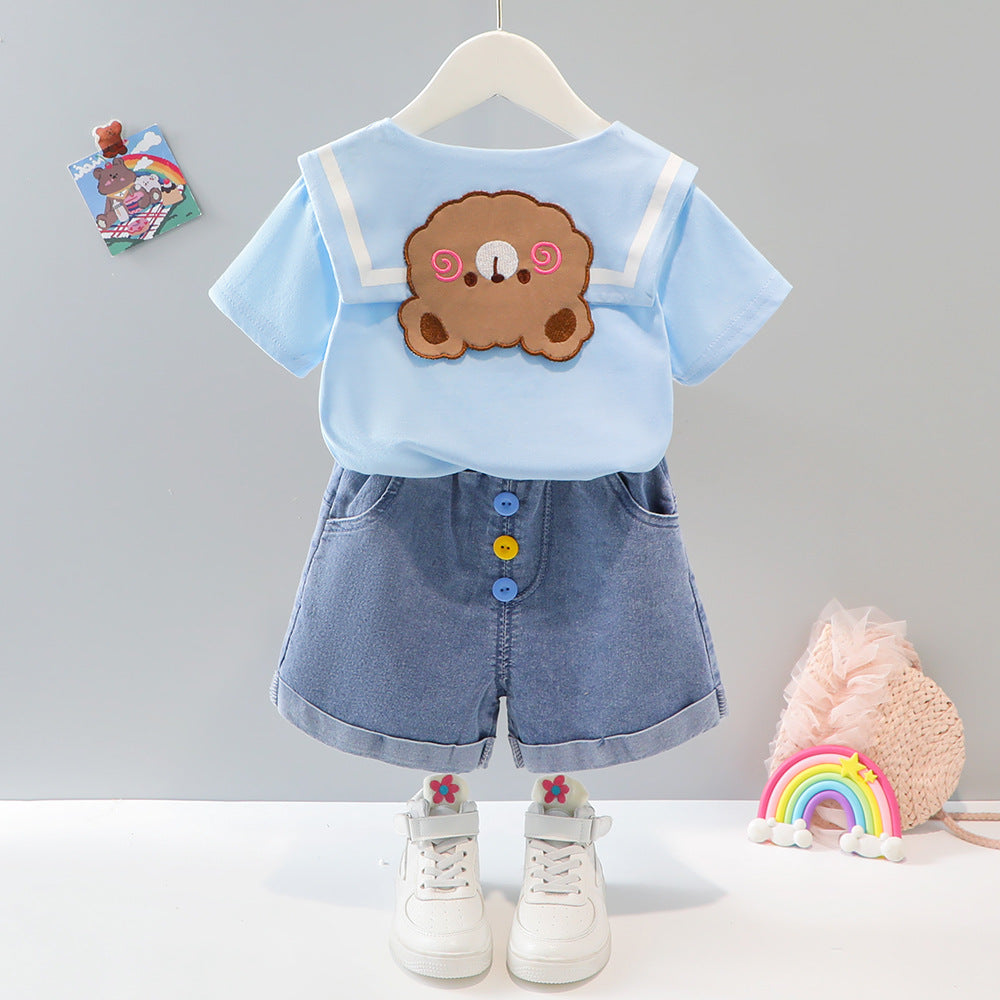 Summer Cute Lapel Short Sleeve Casual Denim Shorts Children's Suit