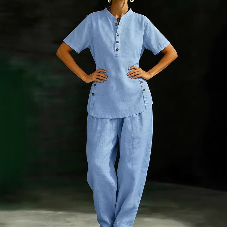 Button Shirt Wide Leg Linen Two-piece Fashion Casual Suit
