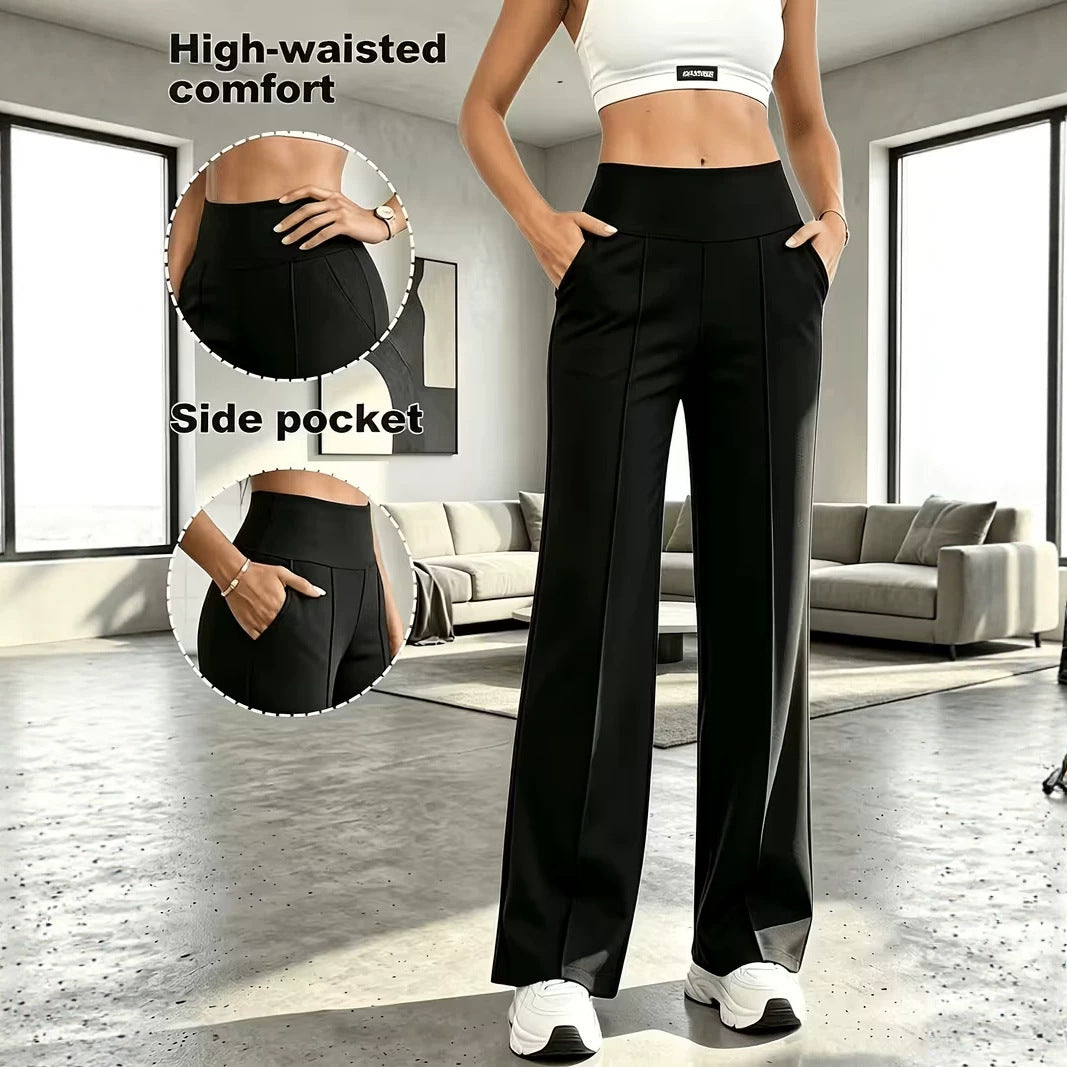 High Waist Straight Slimming Pocket Trousers Casual Pants