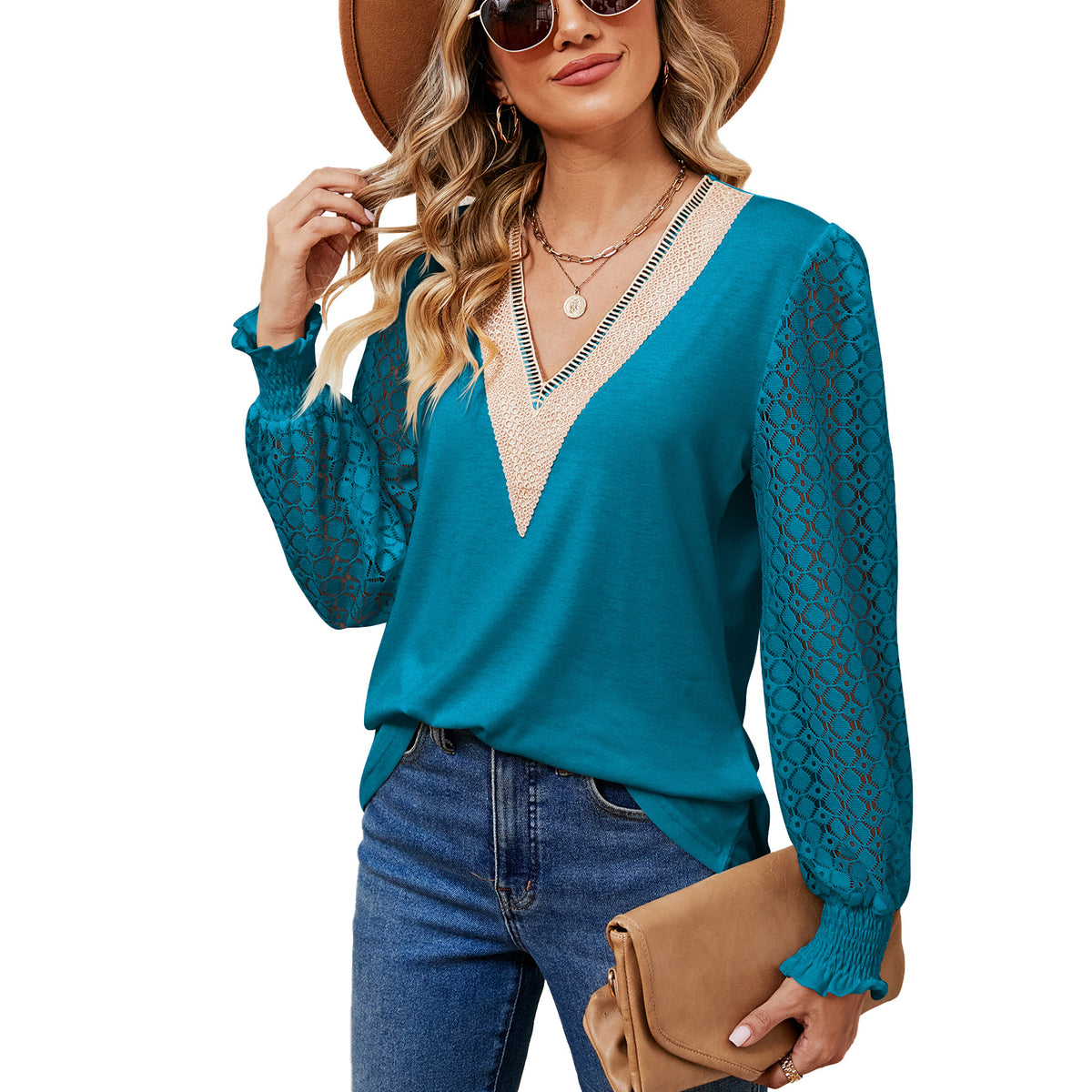 Attractive Women's Lace Patchwork Loose Long-sleeved Women's T-shirt