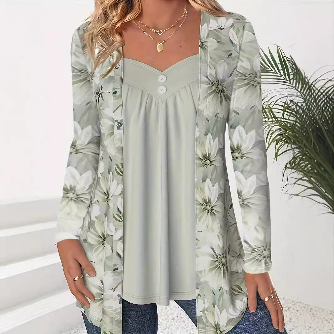Women's Fake Two-piece Printed Fashion Button Long-sleeved Tops