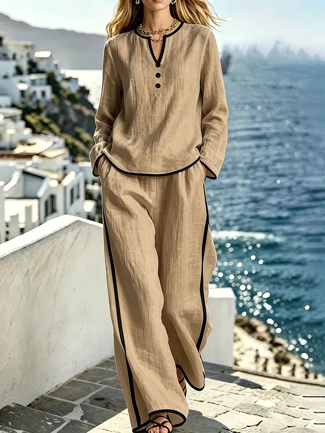 Women's Color Contrast Long Sleeve Two-piece Fashion Casual Suit