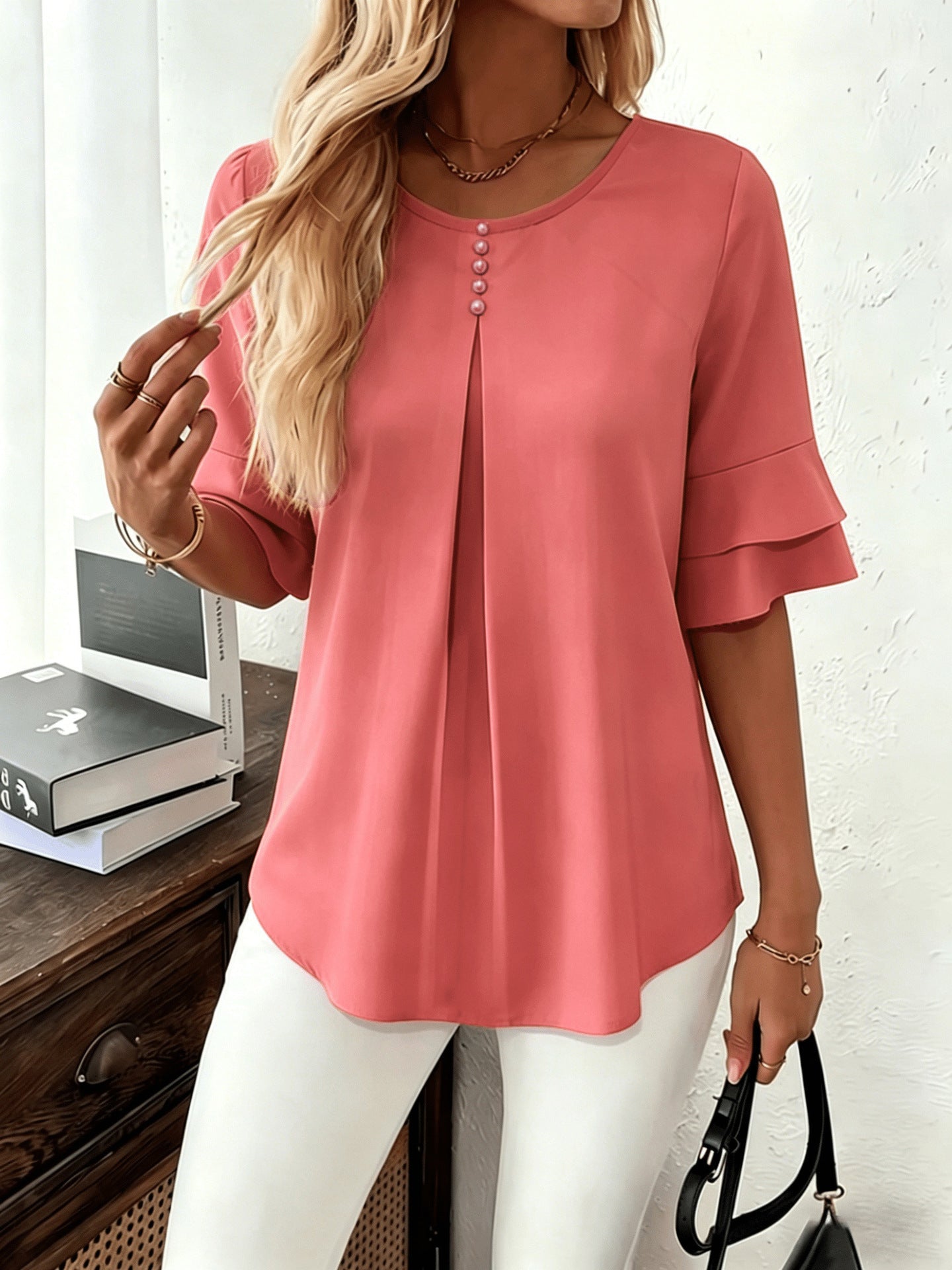 Women's Casual Comfortable Loose Slimming Double Layer Ruffled Blouse