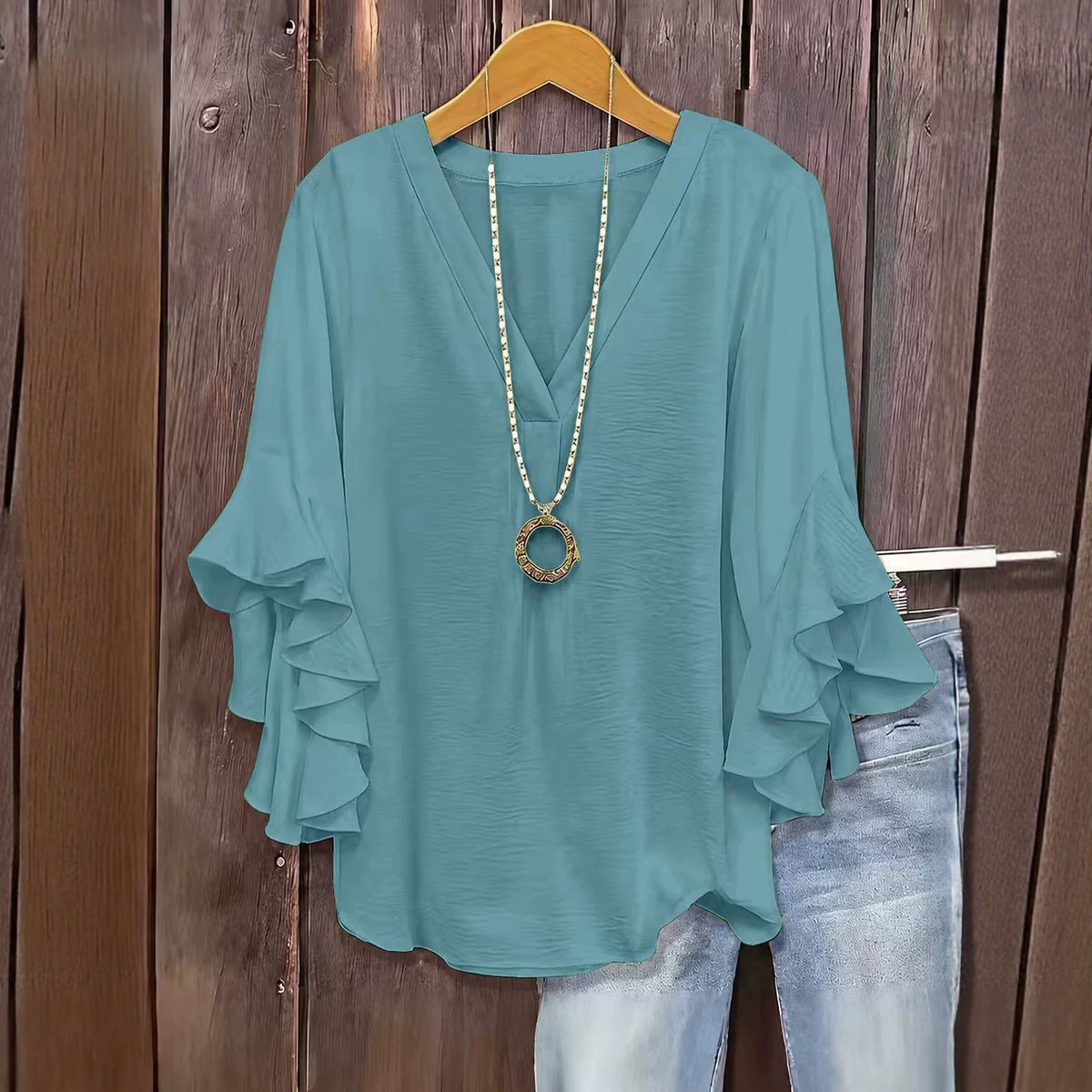 Women's Elegant Fashion Button Detail Ruffle Sleeve Blouse