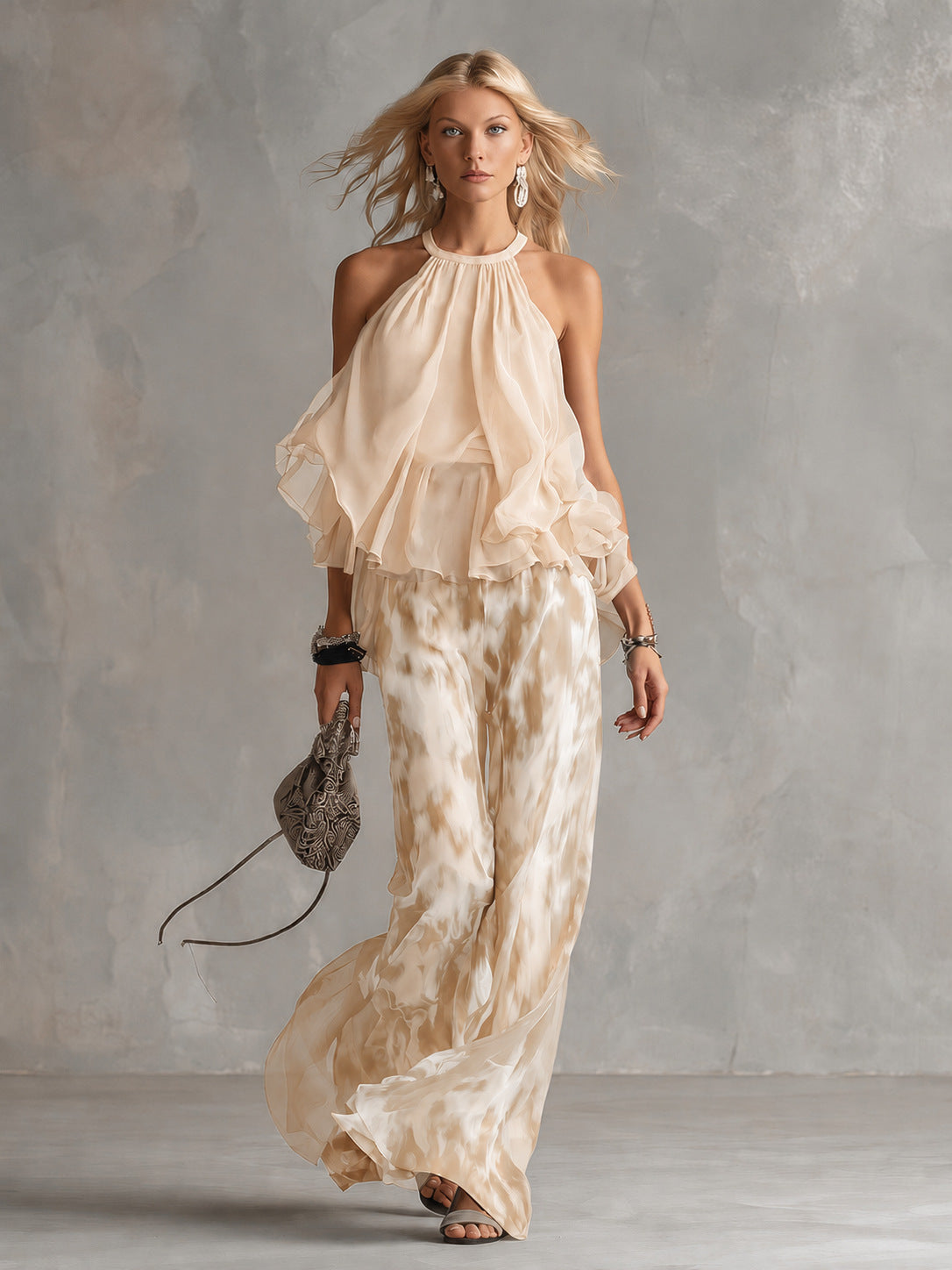 Classy Elegant Urban Camisole Printed Chiffon Pants