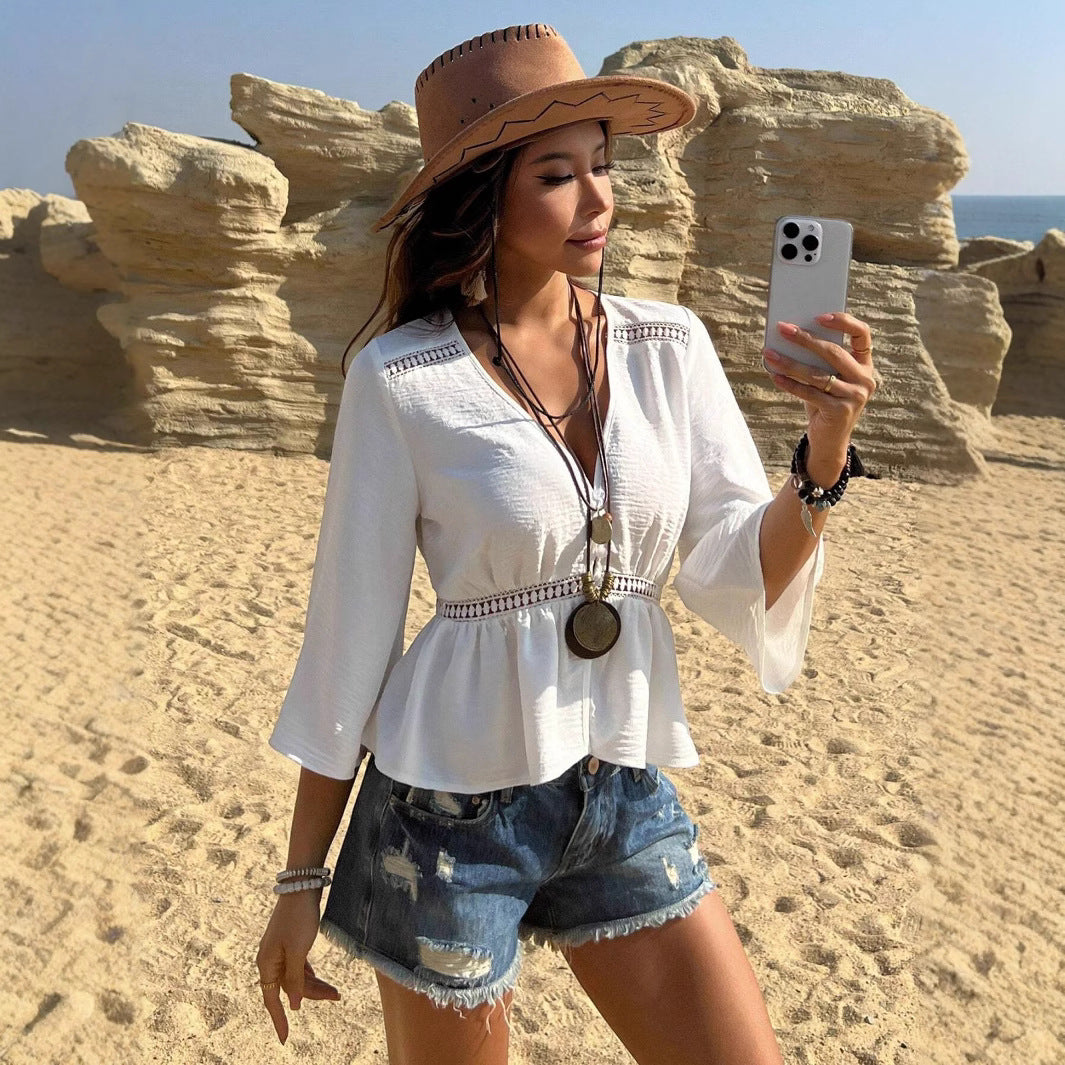 Women's Solid Color Hollow Waist Inlaid Lace Casual Blouses