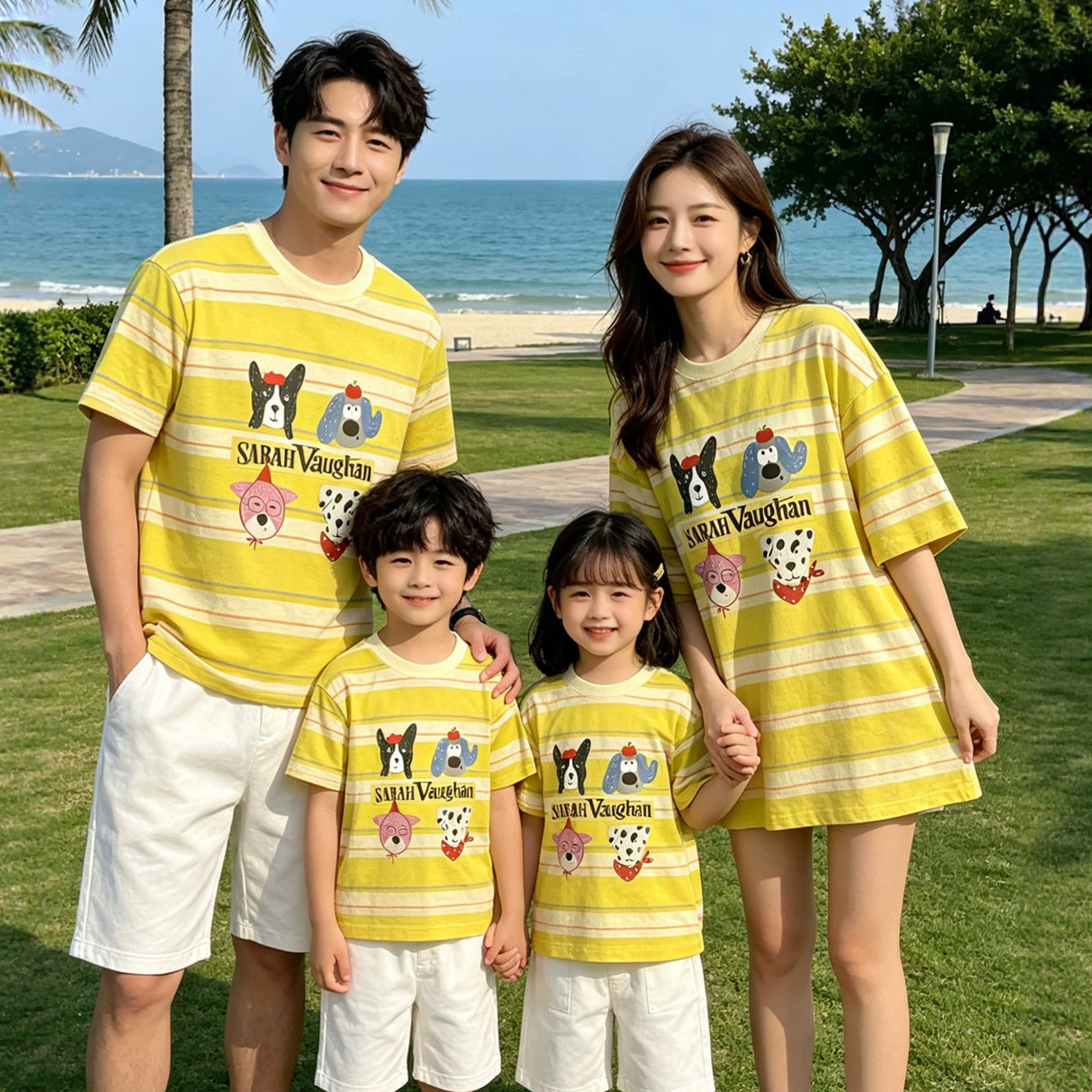 Cartoon Puppy T-shirt Family Of Four Seaside Parent-child Outfit