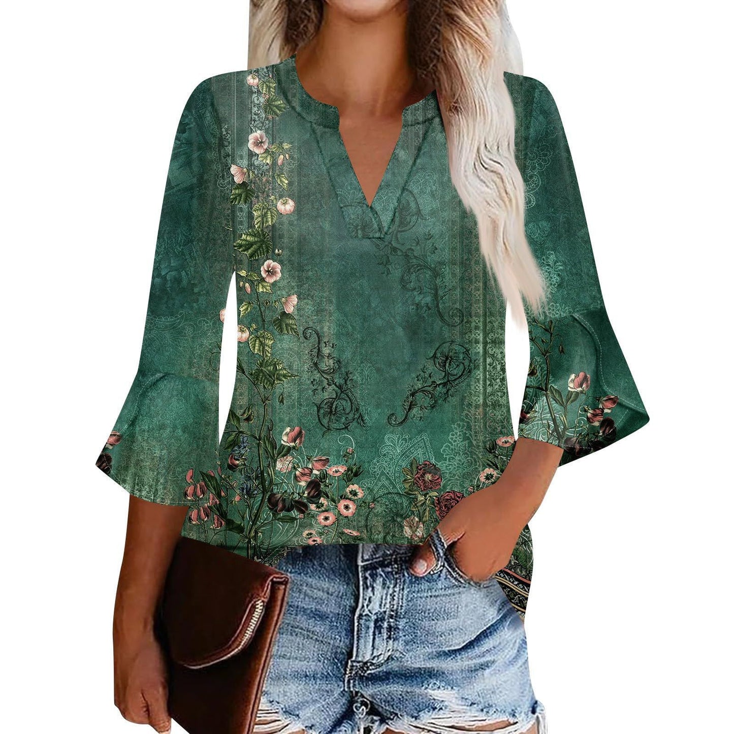 Women's Shirt Petal Sleeve Fashion Printed Loose Blouse