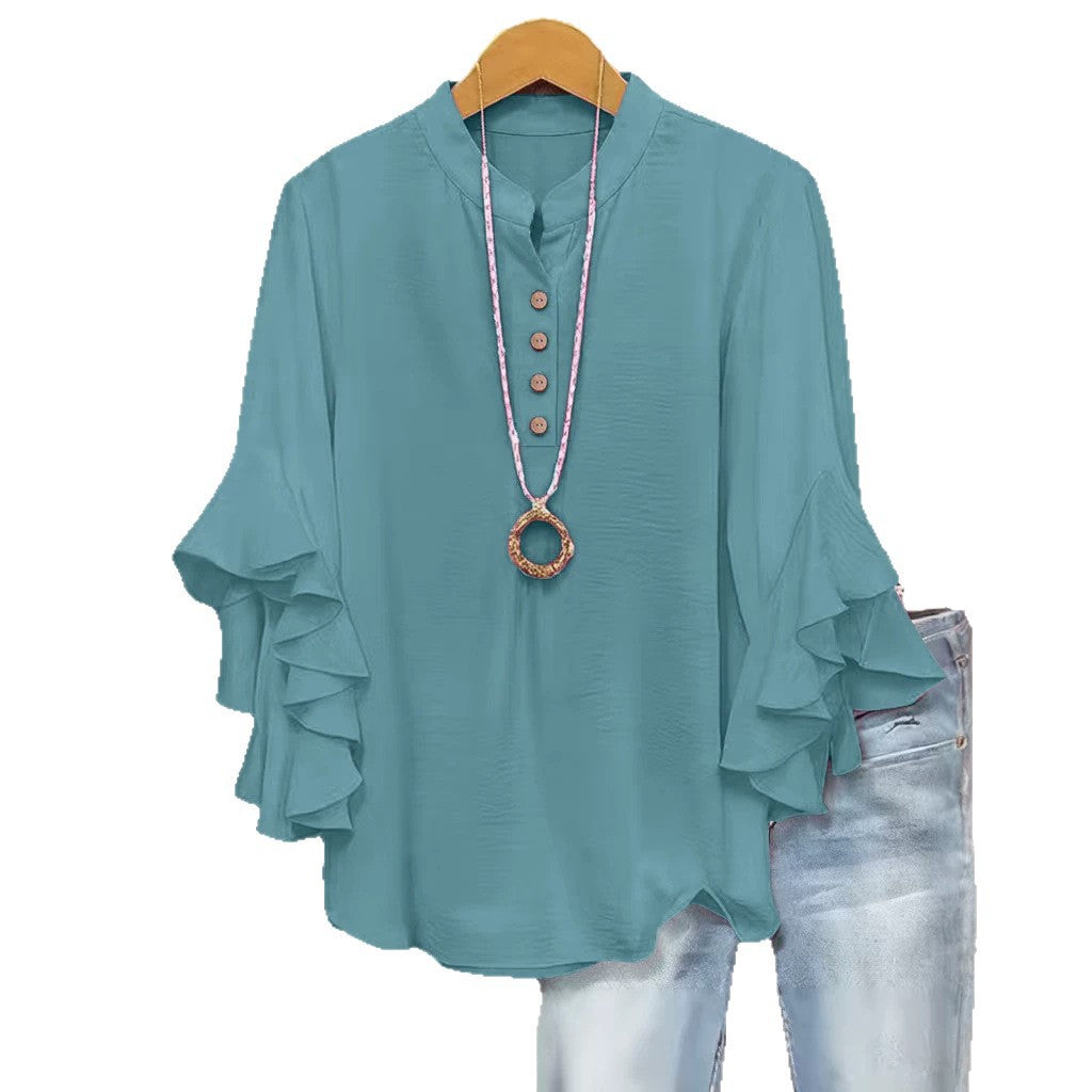 Women's Elegant Fashion Button Detail Ruffle Sleeve Blouse