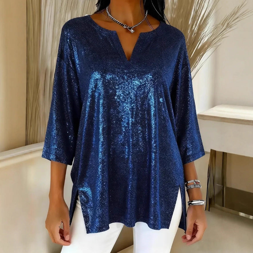 Women's Shiny Loose Long Sleeve Split Cropped Tops