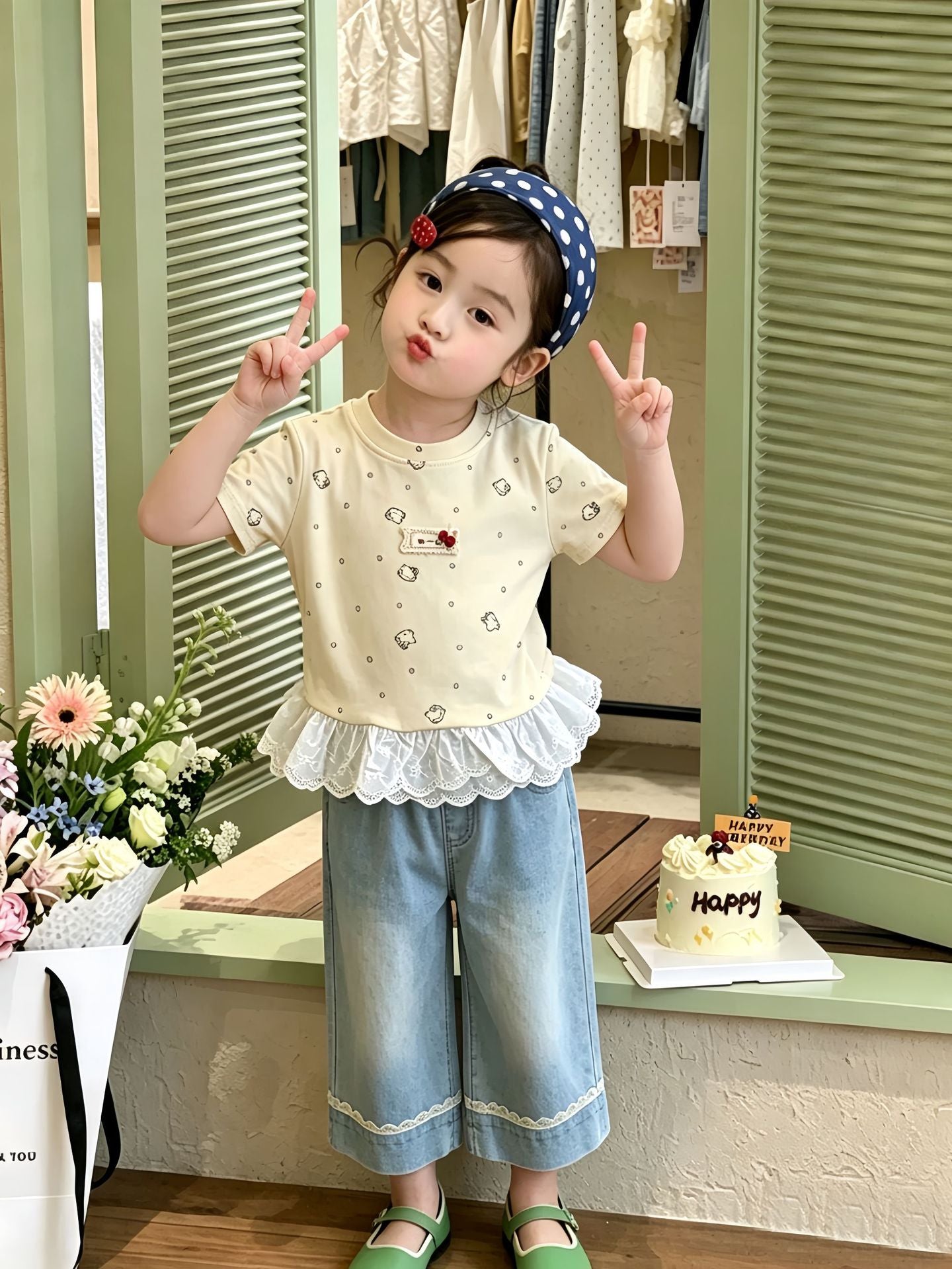 Summer Korean Style Fashionable Floral Stitching Lace Short Sleeve Children's T-shirt