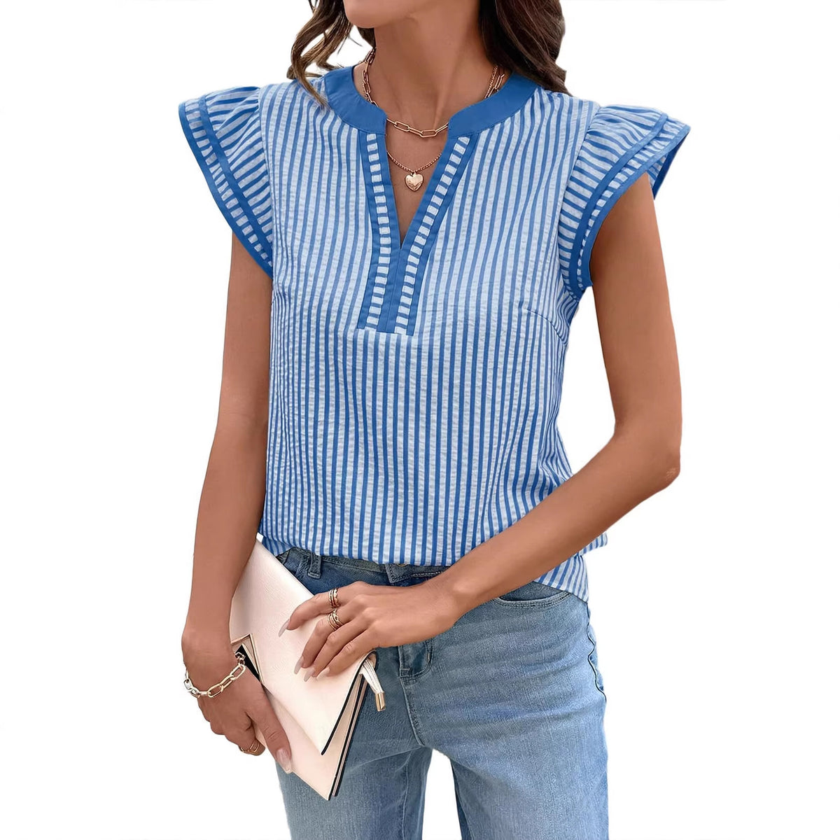Women's Fashion Striped Double Fly Flounced Sleeve Lace Shirt, Chiffon Shirt