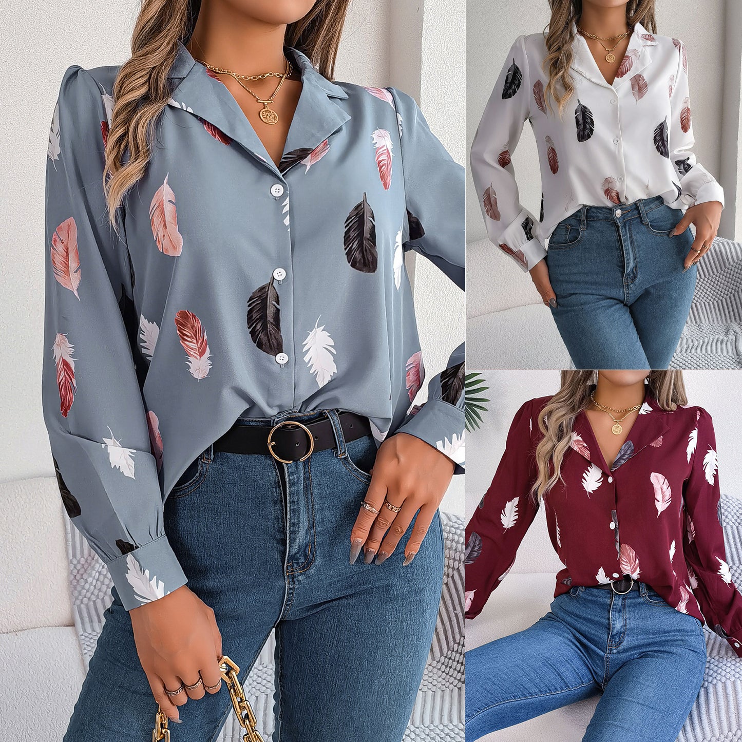 Women's Elegant Feather Print Collar Long Sleeve Lace Shirt, Chiffon Shirt