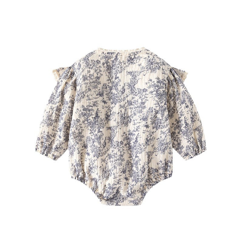 Cotton Gauze Ink Painting Rompers Long Sleeve Triangle Jumpsuit, Climbing Suit