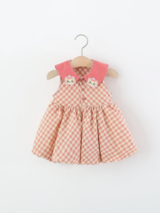 Children's Sleeveless One-piece Summer Cartoon Doll Collar Plaid Children's Dress