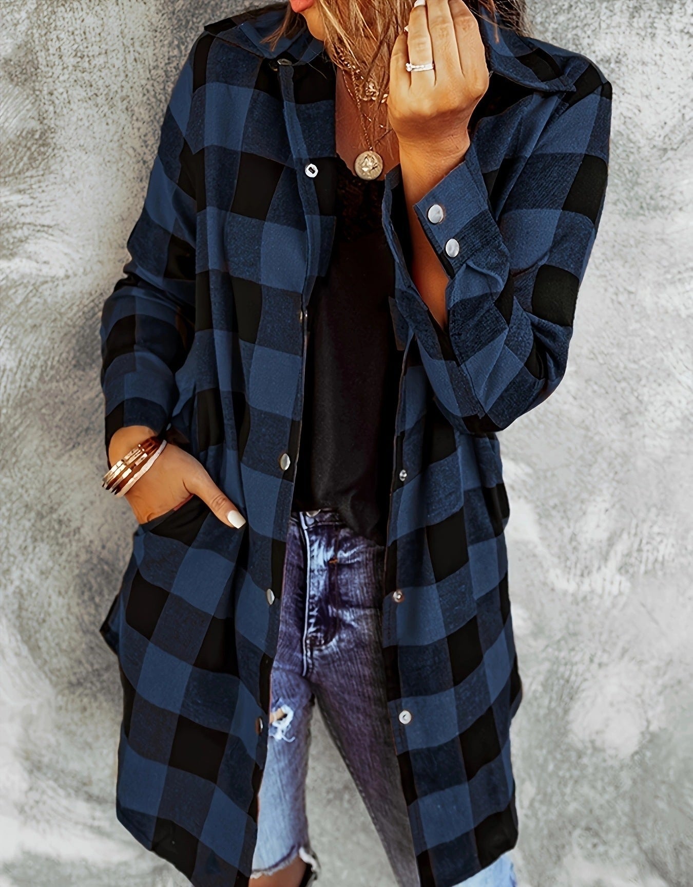 Women's Long Sleeve Plaid Lapel Loose Casual Jackets