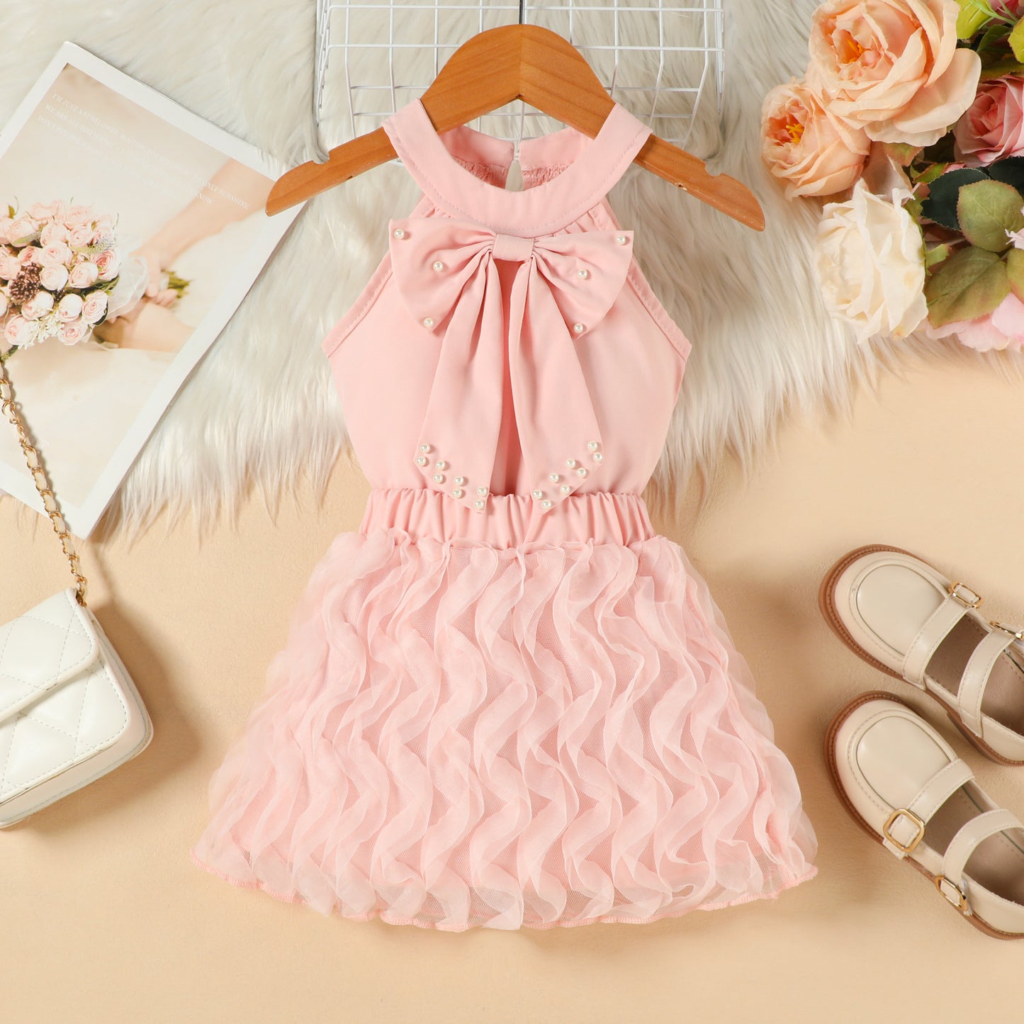 Children's Summer Beaded Bowknot Vest Top Mesh Children's Suit