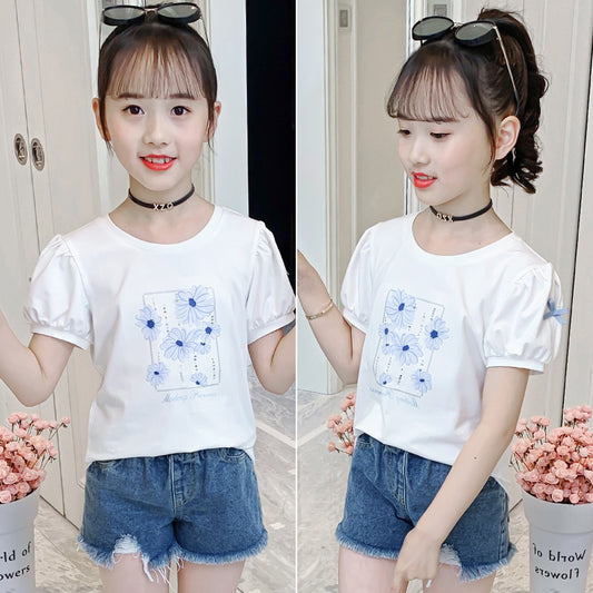 Children's Summer Clothes Western Style Puff Sleeve Top Medium Big Cotton Children's T-shirt