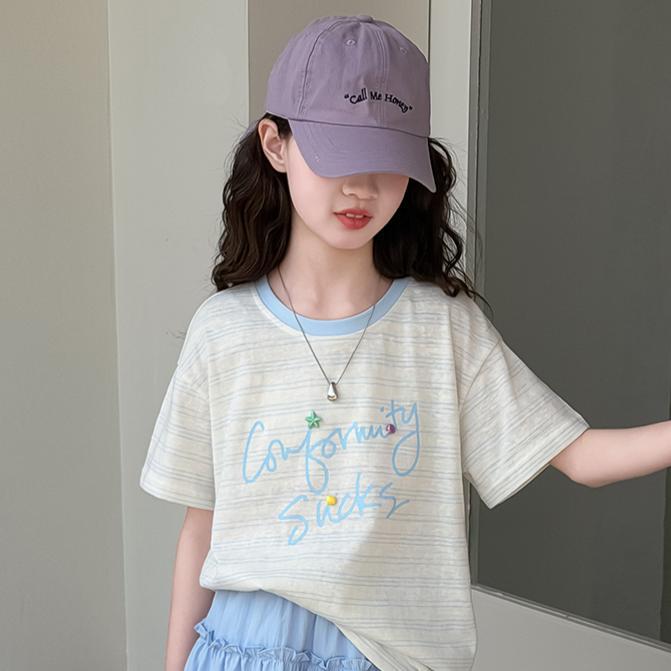 Summer Clothing Middle Big Sweet Stripes T-shirt Lace Skirt Short Children's Suit