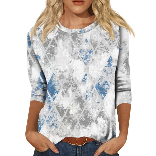 Women's Round Neck Sleeves Loose Print Women's T-shirt