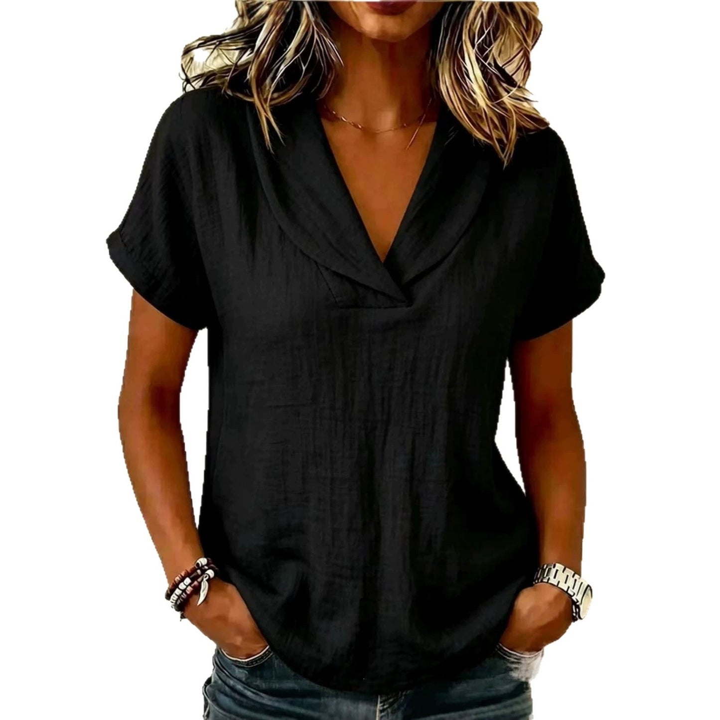 Women's Summer Woven Short-sleeved Shirt Doll Collar Clothing
