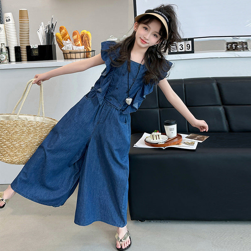 Sleeve Summer Clothes Middle Big Thin Type Jeans Two-piece Children's Suit