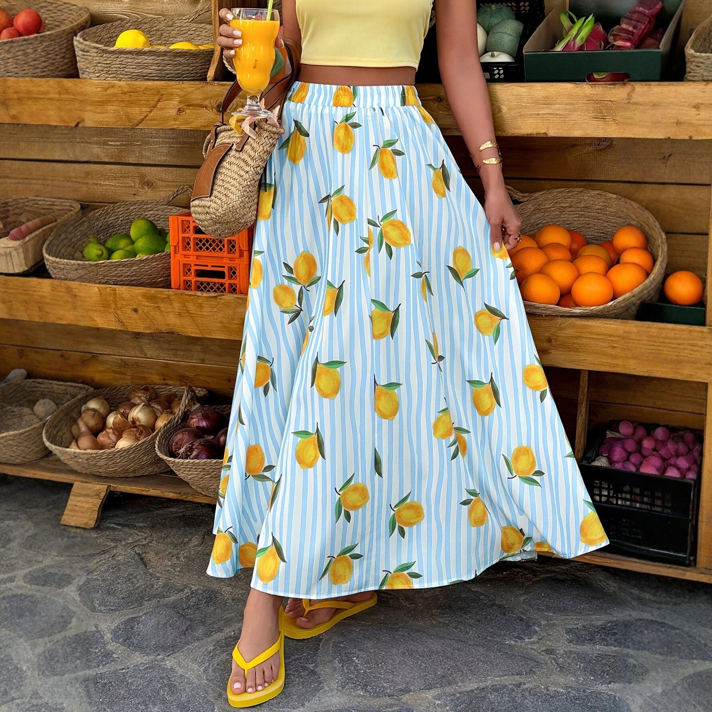 Women's Fruit Printed A- Line Loose Beach Skirt