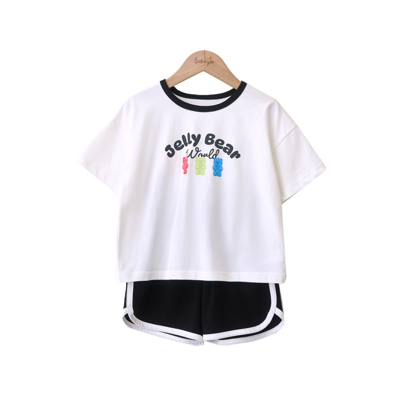 Children's Solid Color Bear Printing Two Casual Fashion Fashionable Short Children's Suit